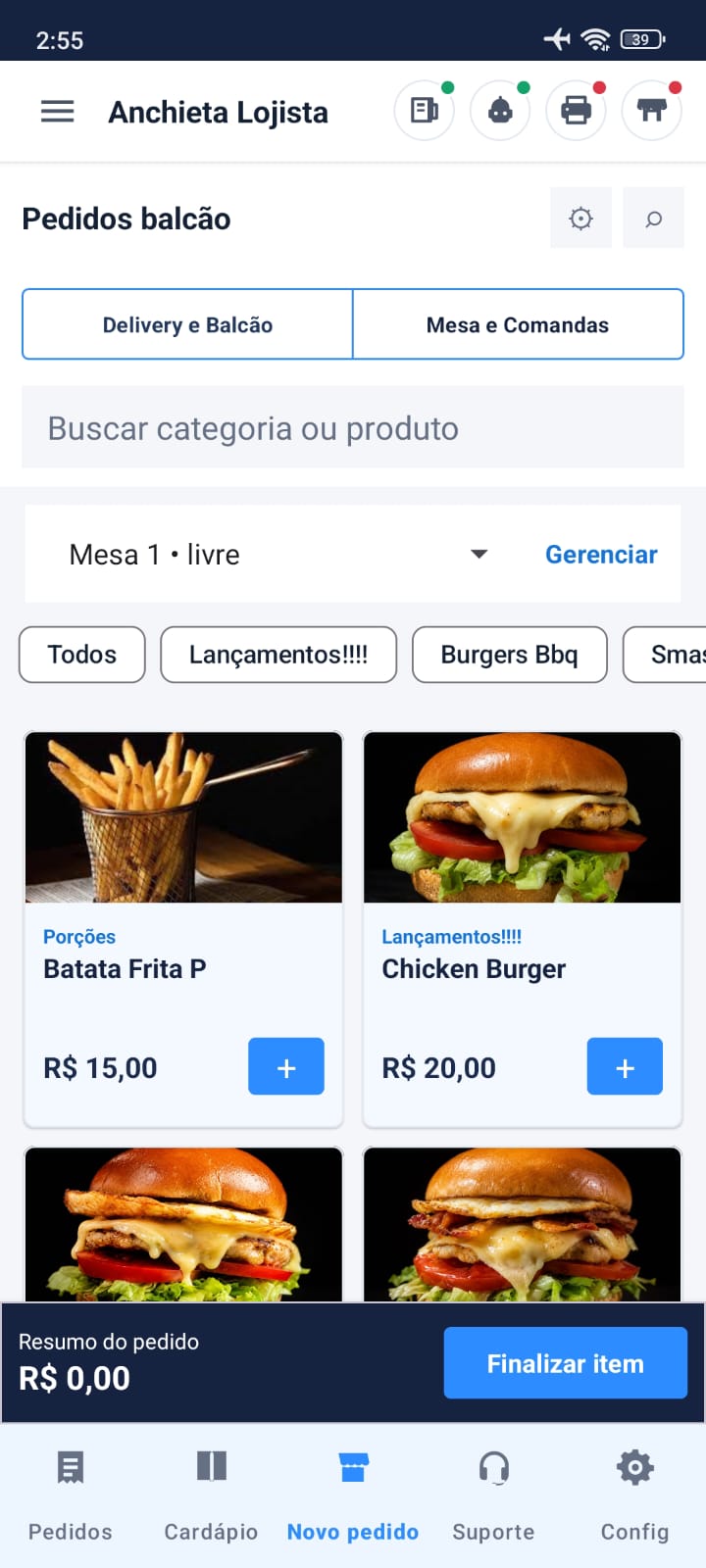 Tela real do Anchieta Lojista: PDV com produtos, delivery, balcão, mesas e comandas