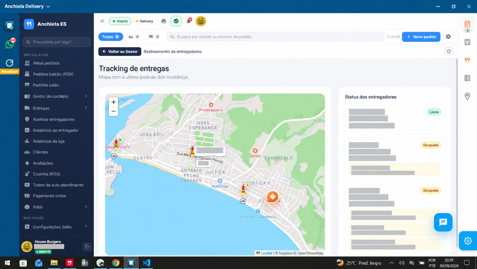 Tela de rastreamento Anchieta com mapa de Anchieta, marcadores dos entregadores e status Livre ou Ocupado; nomes e coordenadas ocultos