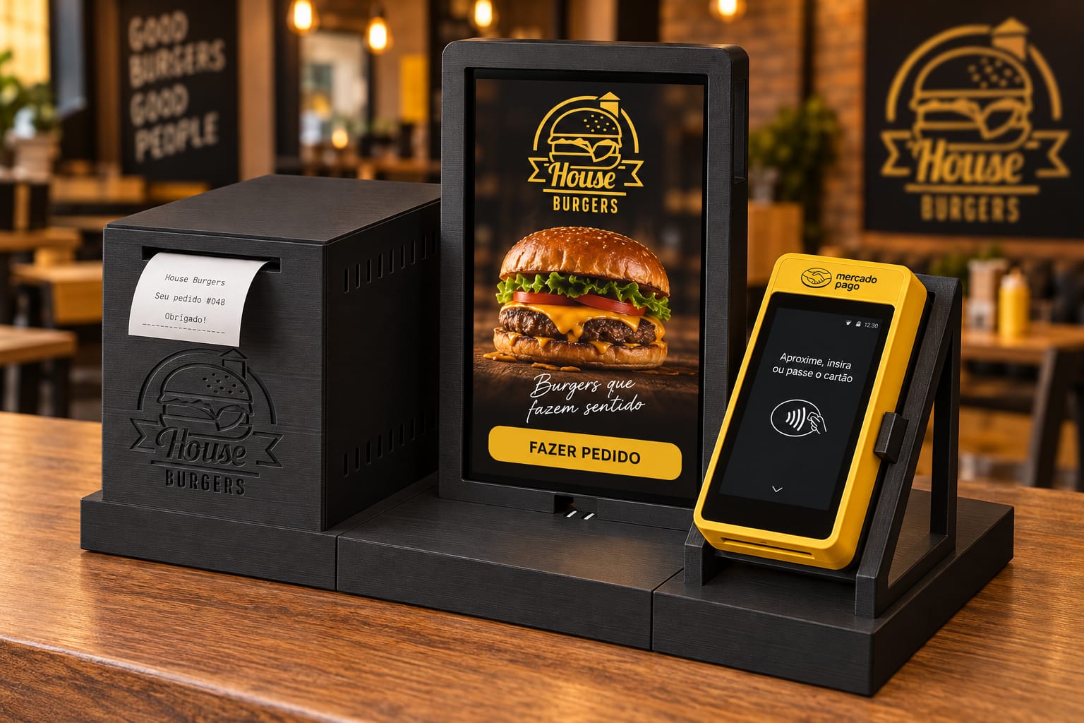 Imagem ilustrativa fornecida do totem House Burgers com tela de pedidos, impressora e terminal de pagamento